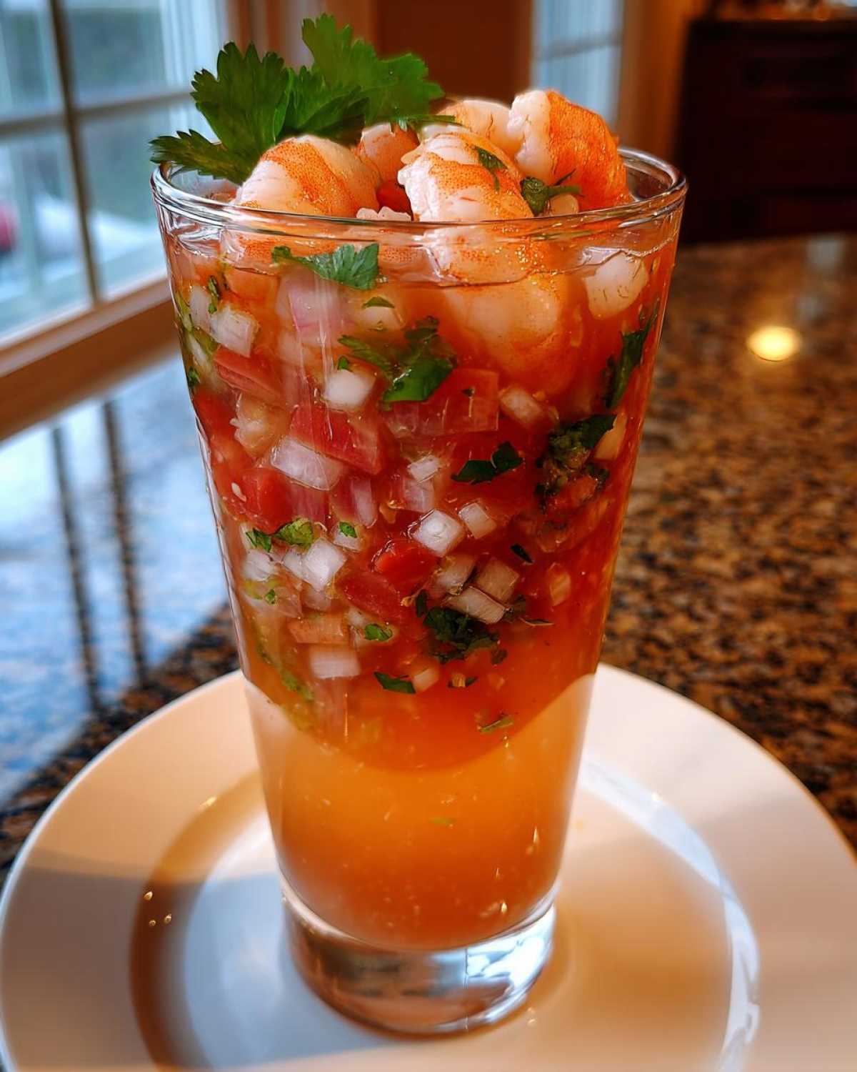 A tall glass filled with zesty shrimp cocktail, featuring chopped tomatoes, onions, and topped with cooked shrimp and parsley.