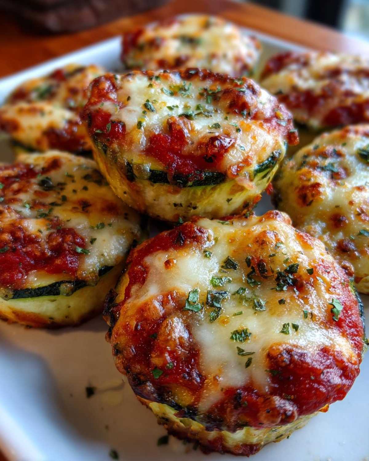 Close-up of several baked zucchini pizza bites topped with melted mozzarella cheese, marinara sauce, and parsley.