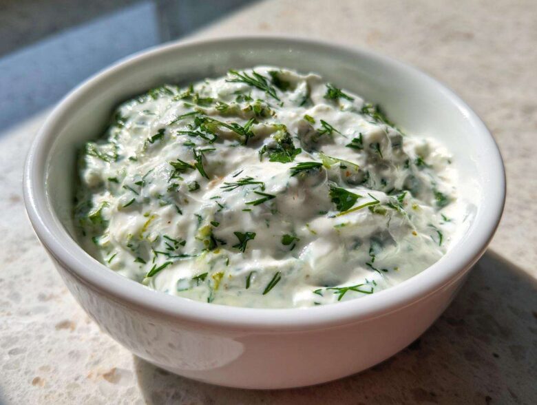 A white bowl filled with thick, creamy 5-Minute Greek Yogurt Ranch Dip, heavily speckled with fresh green herbs like dill and parsley.