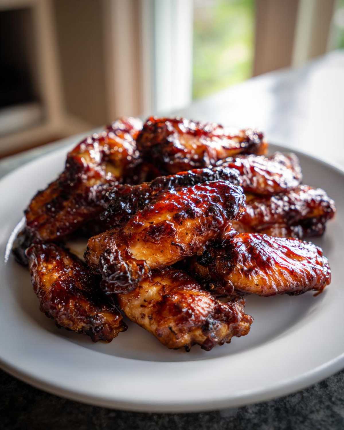 A pile of glossy, sticky Air Fryer BBQ Chicken Wings coated in dark sauce, served on a white plate.
