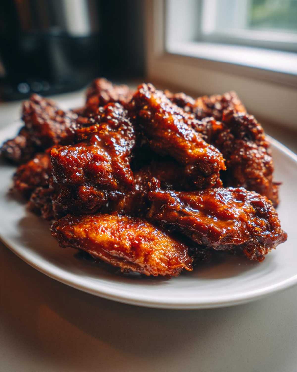 A close-up of glossy, saucy Air Fryer BBQ Chicken Wings piled high on a white plate indoors.