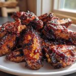 A close-up of a pile of sticky, caramelized Air Fryer BBQ Chicken Wings on a white plate.