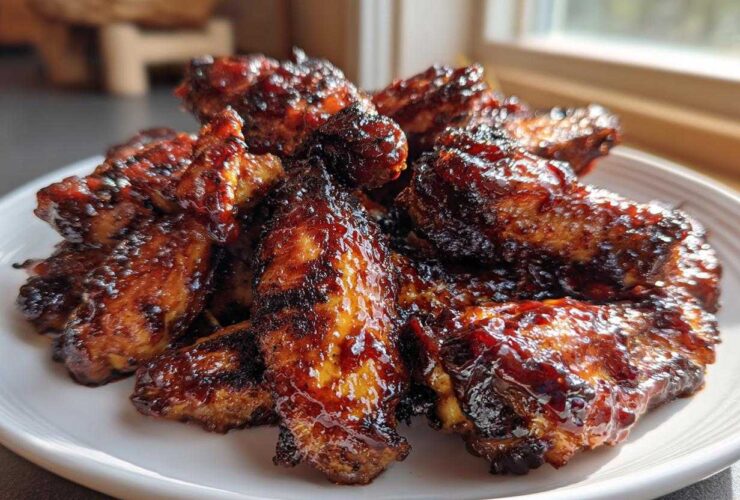 A close-up of a pile of sticky, caramelized Air Fryer BBQ Chicken Wings on a white plate.
