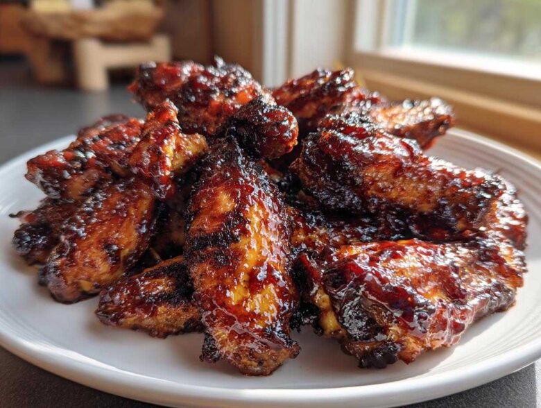 A close-up of a pile of sticky, caramelized Air Fryer BBQ Chicken Wings on a white plate.