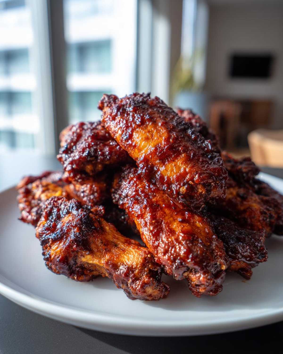 A close-up stack of crispy, saucy Air Fryer BBQ Chicken Wings piled high on a white plate.
