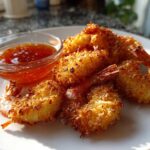 Golden brown Air Fryer Coconut Shrimp served on a white plate next to a small bowl of sweet chili sauce.