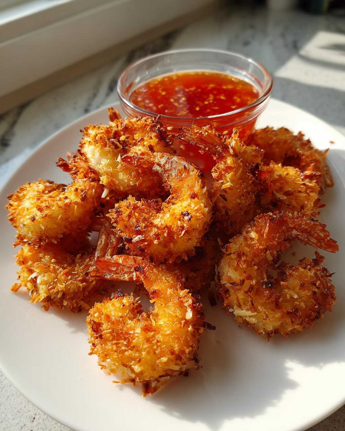 A plate of golden brown, crispy Air Fryer Coconut Shrimp served next to a small bowl of sweet chili sauce.