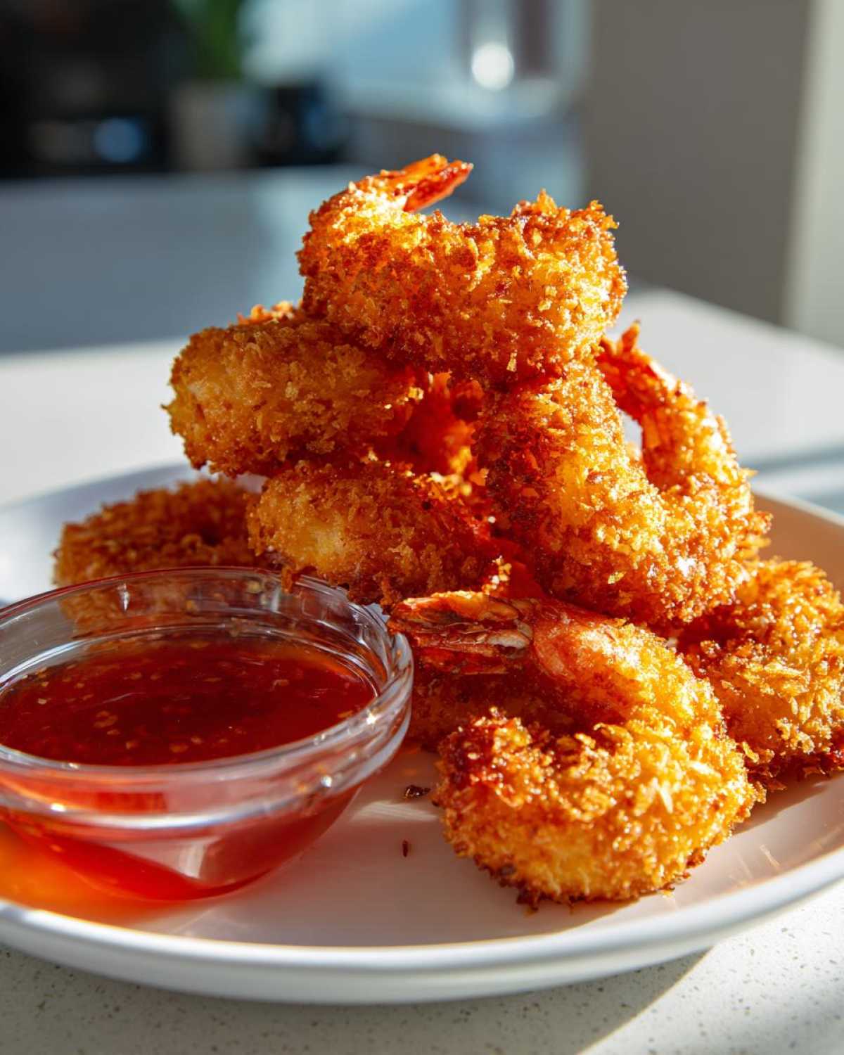 A stack of golden brown Air Fryer Coconut Shrimp served with a small bowl of sweet chili dipping sauce.