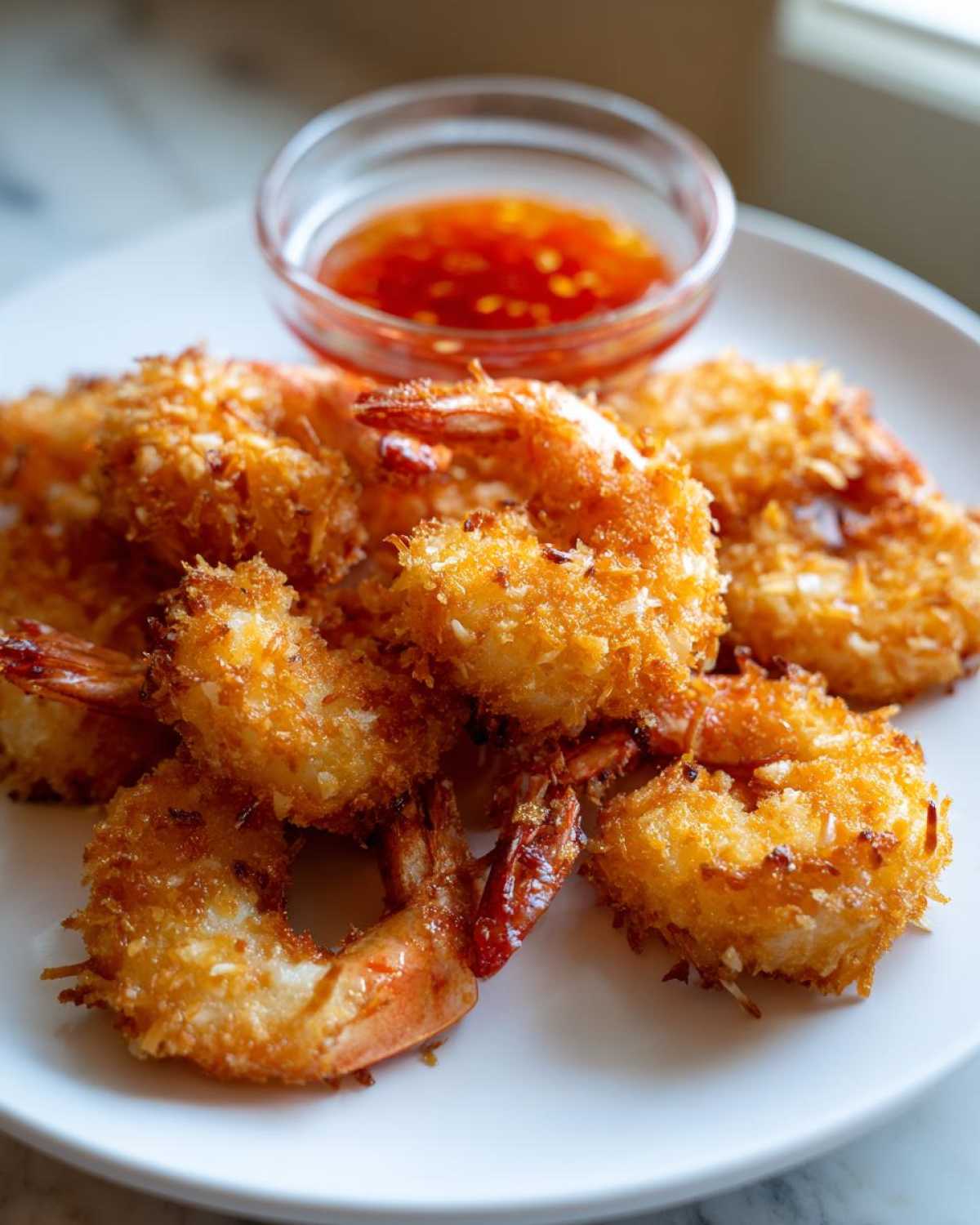 A plate of crispy, golden Air Fryer Coconut Shrimp served with a small bowl of sweet chili sauce.