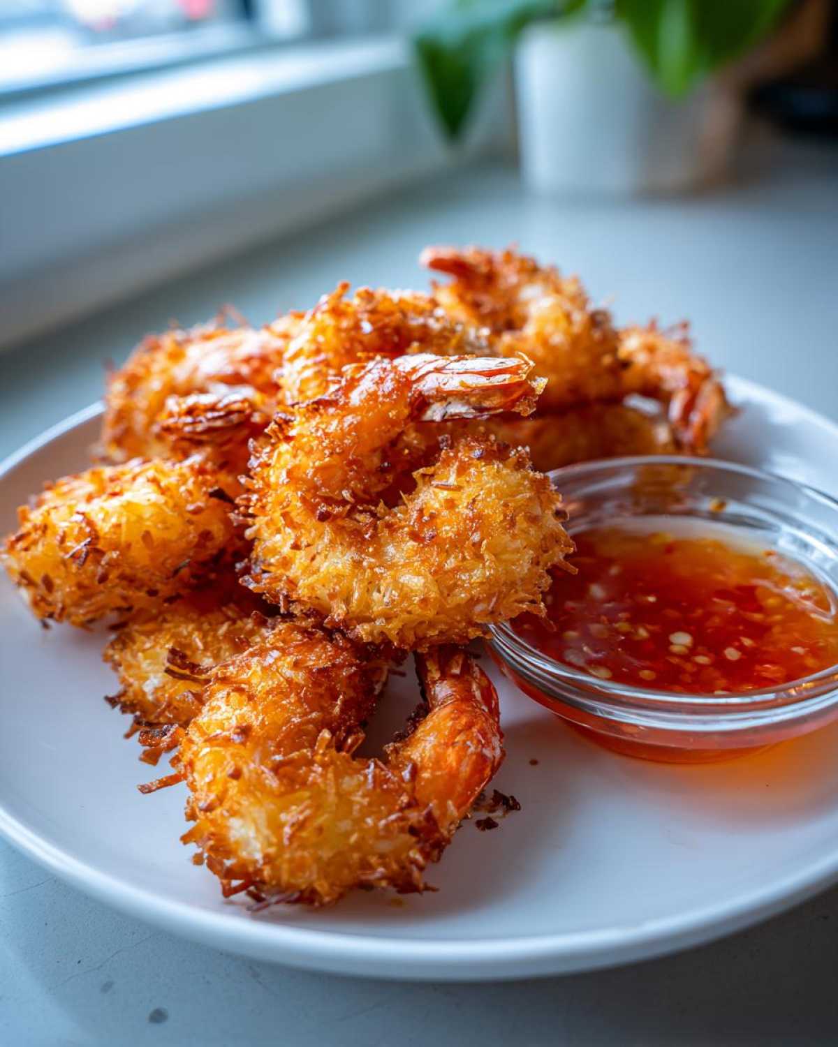 Close-up of crispy, golden Air Fryer Coconut Shrimp served on a white plate next to a small bowl of sweet chili sauce.