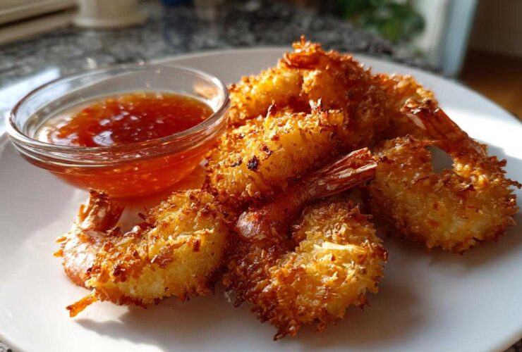 Golden brown Air Fryer Coconut Shrimp served on a white plate next to a small bowl of sweet chili sauce.