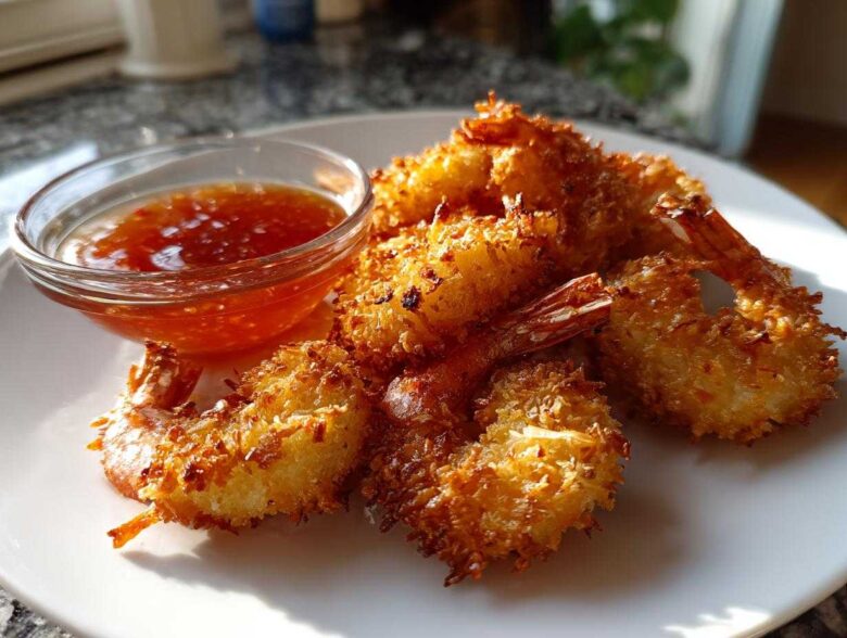 Golden brown Air Fryer Coconut Shrimp served on a white plate next to a small bowl of sweet chili sauce.