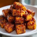 A mound of golden, crispy Air Fryer Crispy Tofu coated in a thick, glossy sweet chili glaze.
