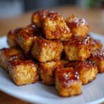 A pile of golden, crispy Air Fryer Crispy Tofu coated in a shiny sweet chili glaze on a white plate.