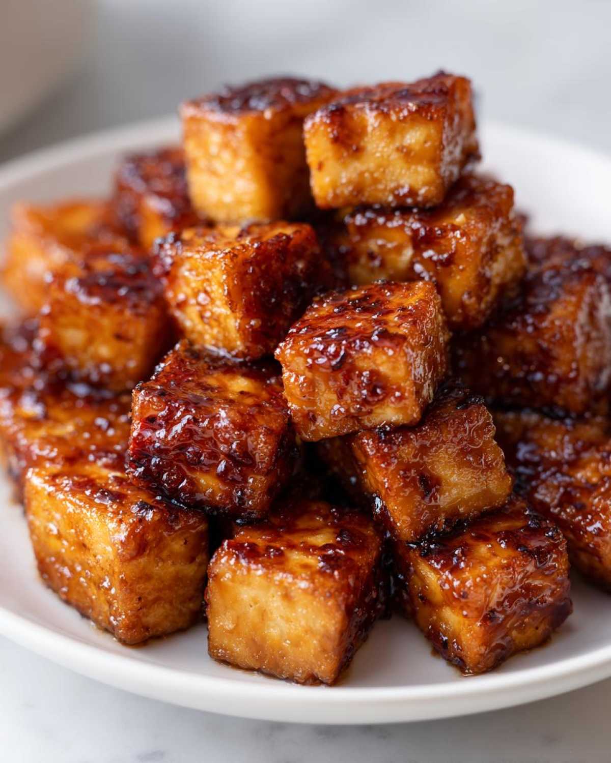 Close-up of golden brown, crispy Air Fryer Crispy Tofu coated in a shiny sweet chili glaze.