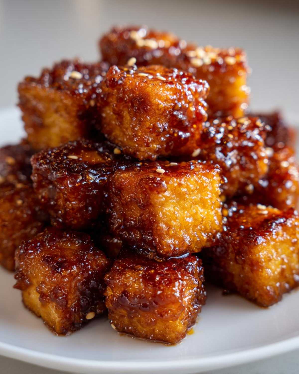 Close-up of crispy Air Fryer Crispy Tofu with Sweet Chili Glaze cubes stacked on a white plate, sprinkled with sesame seeds.