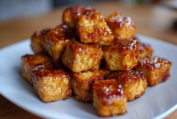 A pile of golden, crispy Air Fryer Crispy Tofu coated in a shiny sweet chili glaze on a white plate.