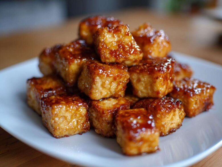A pile of golden, crispy Air Fryer Crispy Tofu coated in a shiny sweet chili glaze on a white plate.