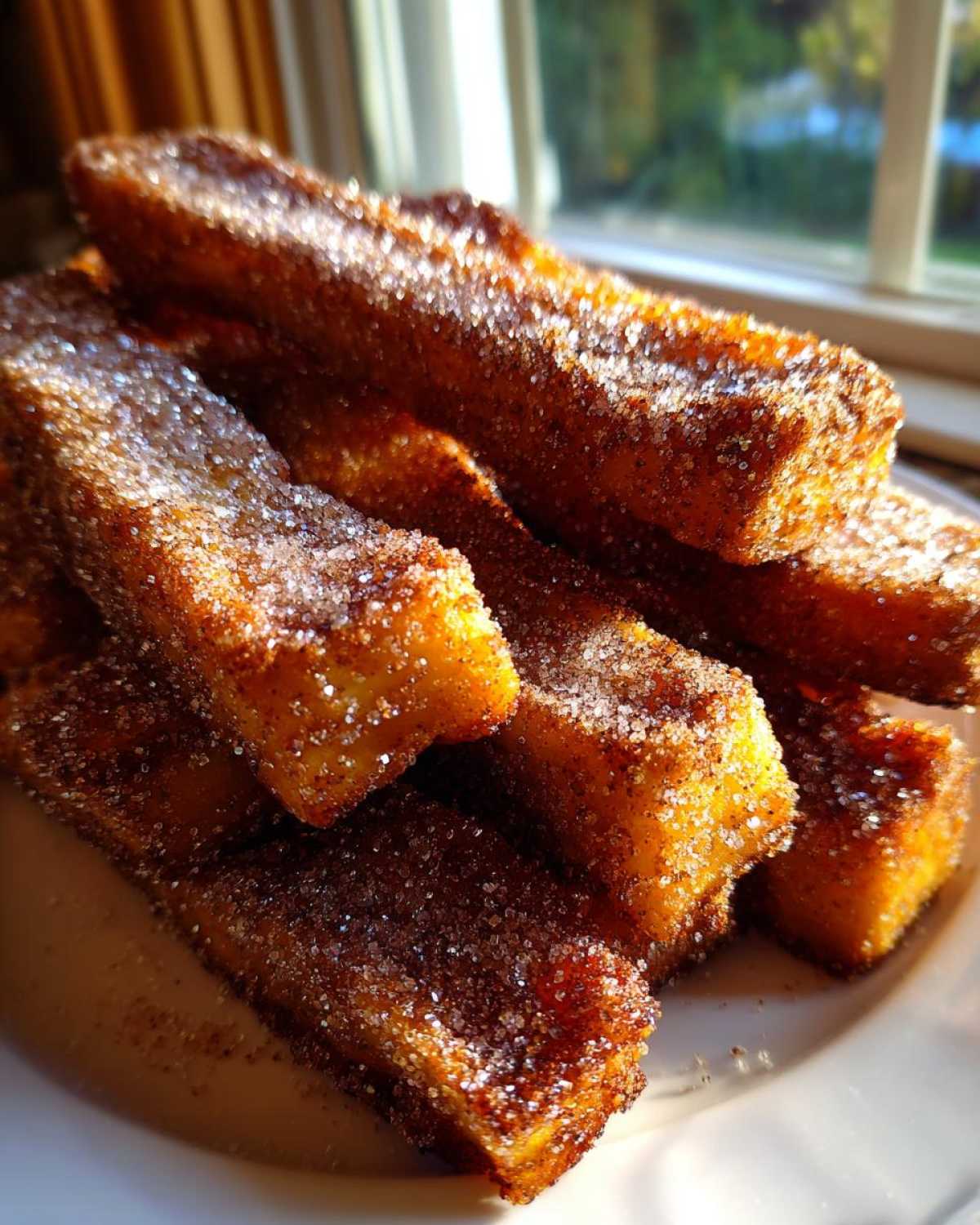 Close-up of golden brown Air Fryer French Toast Sticks heavily coated in sparkling cinnamon sugar.