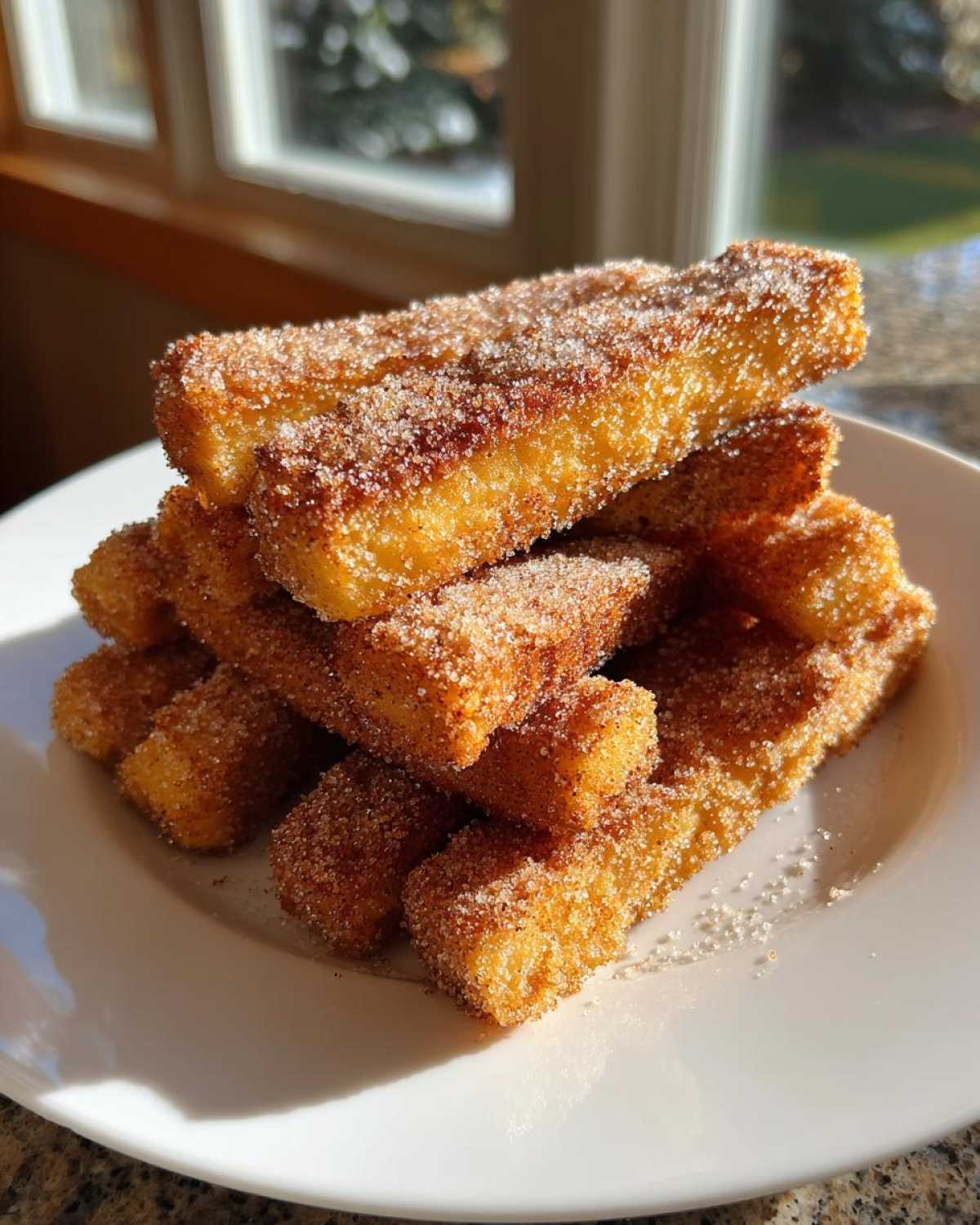 A stack of golden Air Fryer French Toast Sticks generously coated in sparkling cinnamon sugar on a white plate.