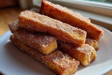 A stack of golden brown Air Fryer French Toast Sticks heavily coated in sparkling cinnamon sugar on a white plate.