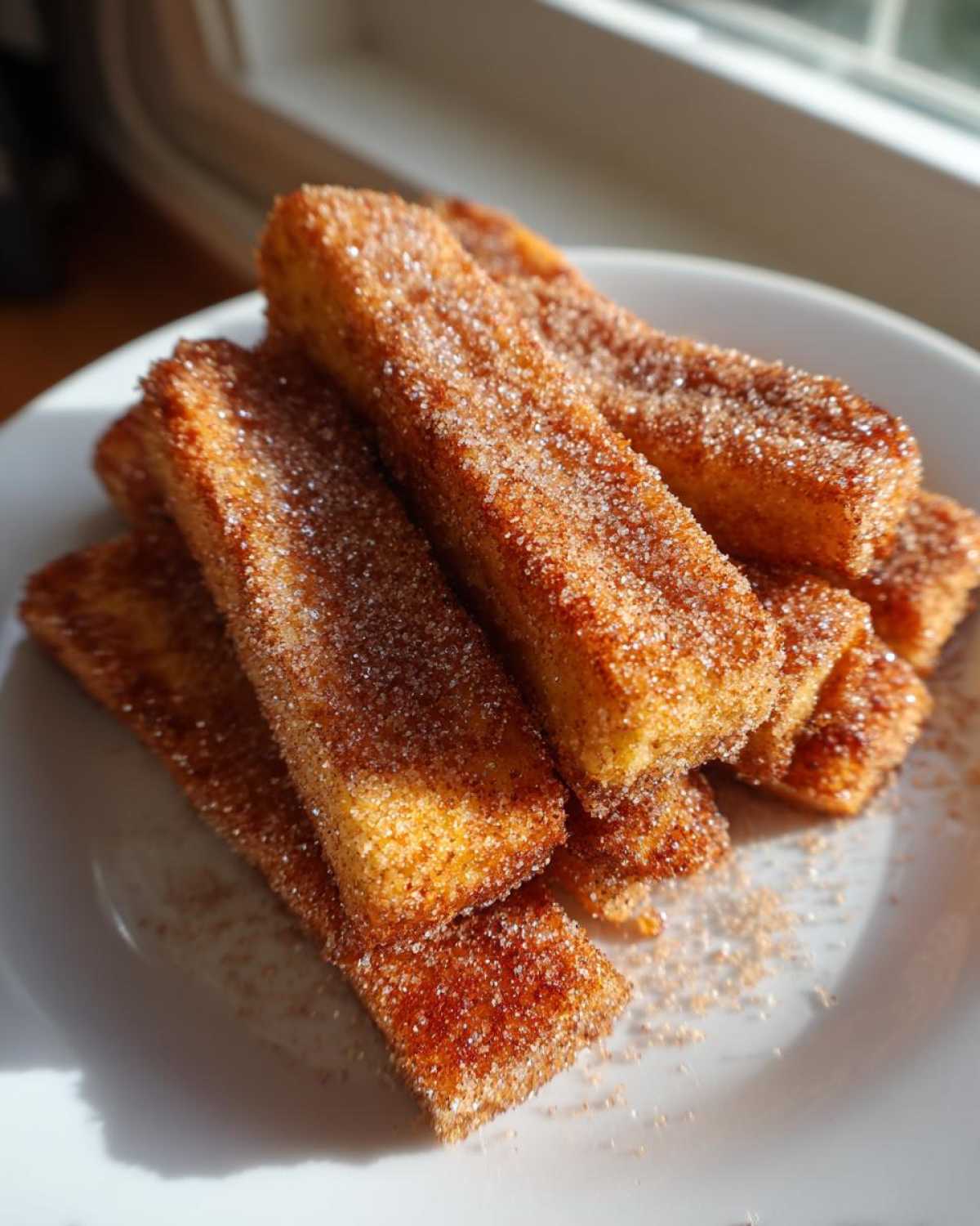 A stack of golden Air Fryer French Toast Sticks heavily coated in sparkling cinnamon sugar on a white plate.