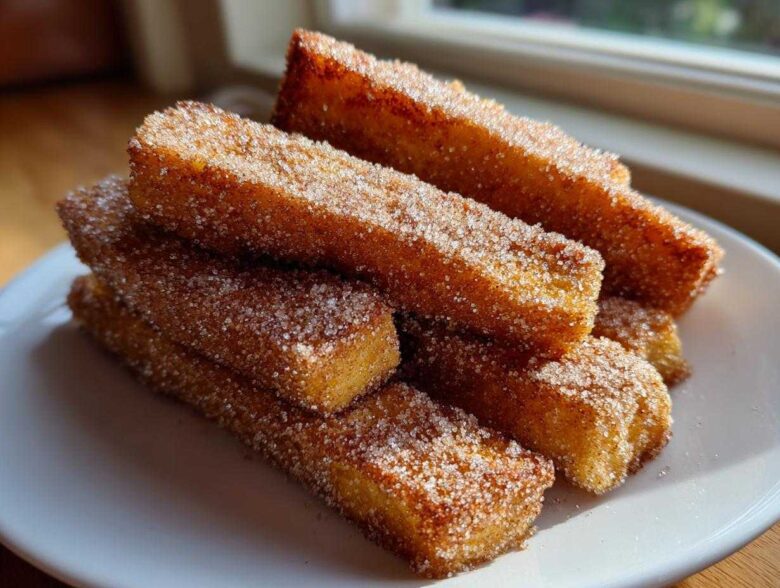 A stack of golden brown Air Fryer French Toast Sticks heavily coated in sparkling cinnamon sugar on a white plate.