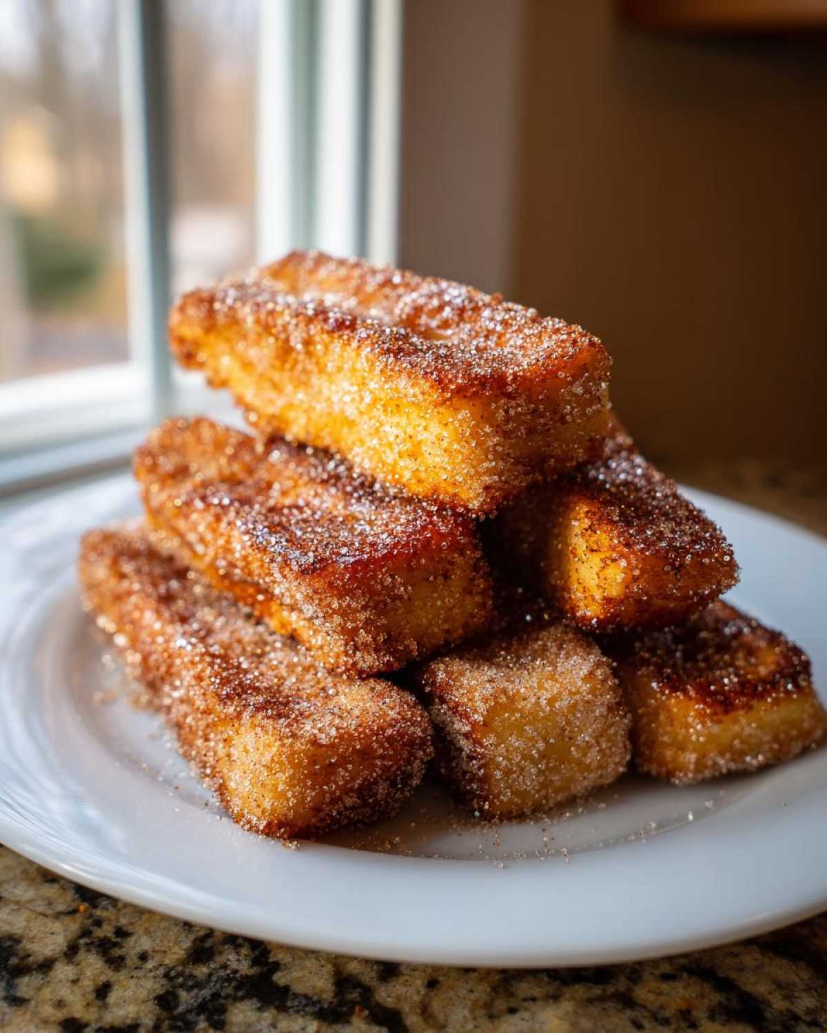 A stack of golden Air Fryer French Toast Sticks heavily coated in sparkling cinnamon sugar on a white plate.
