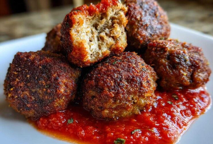 Close-up of perfectly browned Air Fryer Italian Meatballs served on a white plate with a pool of bright red marinara sauce.