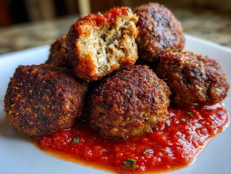 Close-up of perfectly browned Air Fryer Italian Meatballs served on a white plate with a pool of bright red marinara sauce.