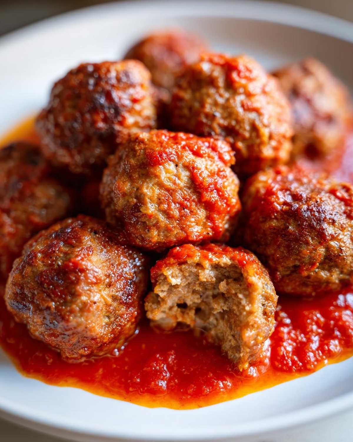Close-up of browned Air Fryer Italian Meatballs covered in rich tomato sauce, one meatball is bitten into.