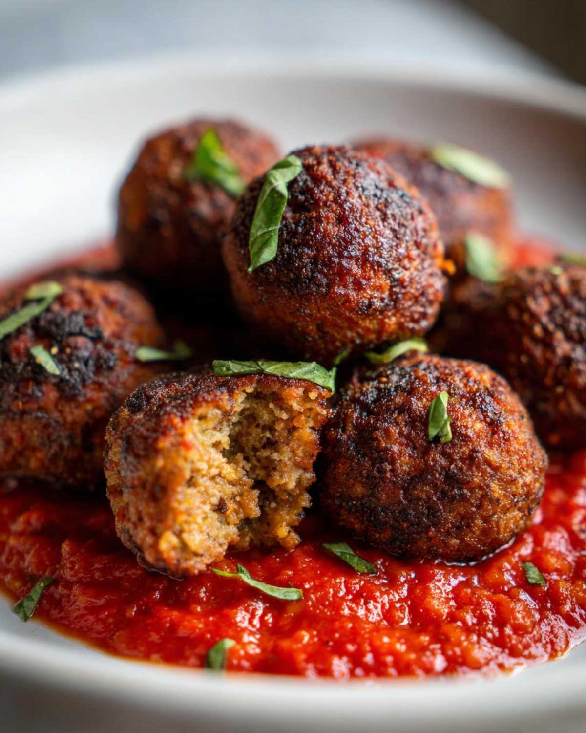 Close-up of several browned Air Fryer Italian Meatballs resting in rich tomato sauce, garnished with basil.