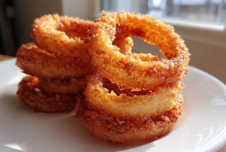 A stack of perfectly golden, crispy Air Fryer Onion Rings resting on a white plate near a window.