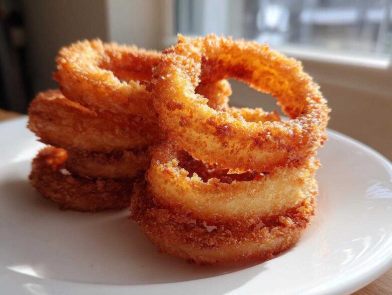 A stack of perfectly golden, crispy Air Fryer Onion Rings resting on a white plate near a window.