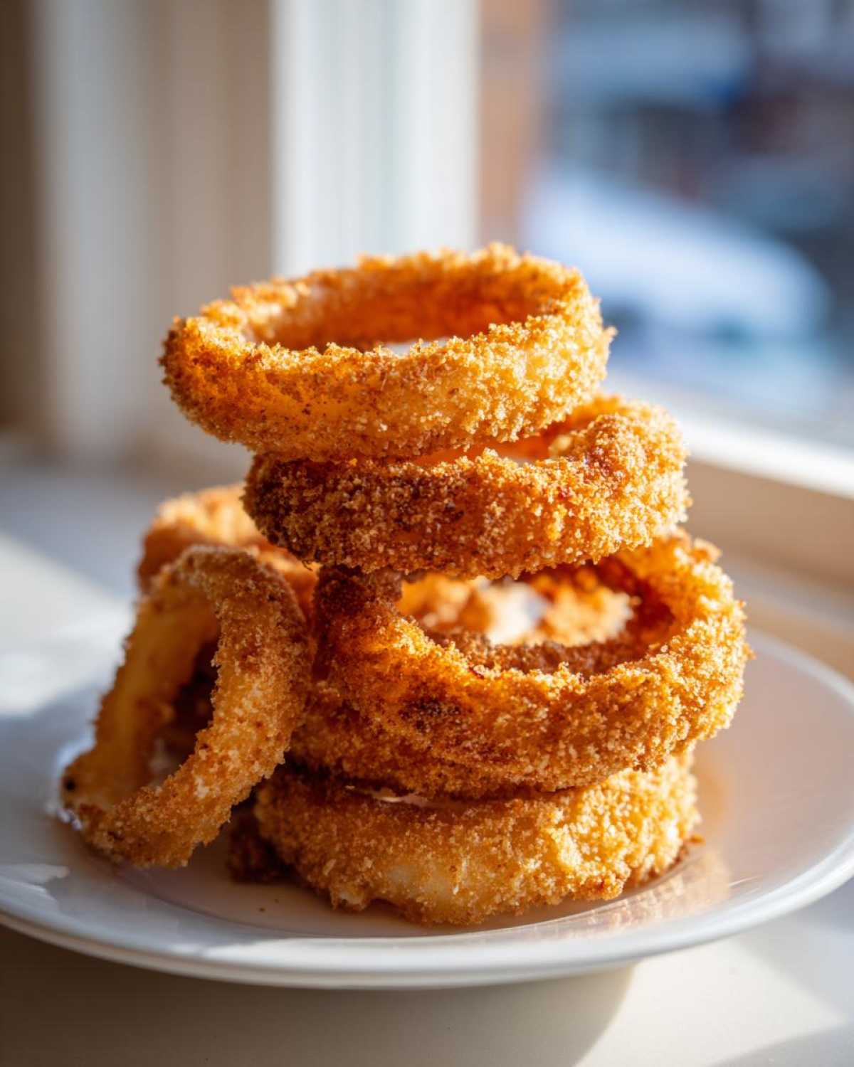 A stack of crispy, golden brown Air Fryer Onion Rings piled high on a white plate, backlit by natural light.