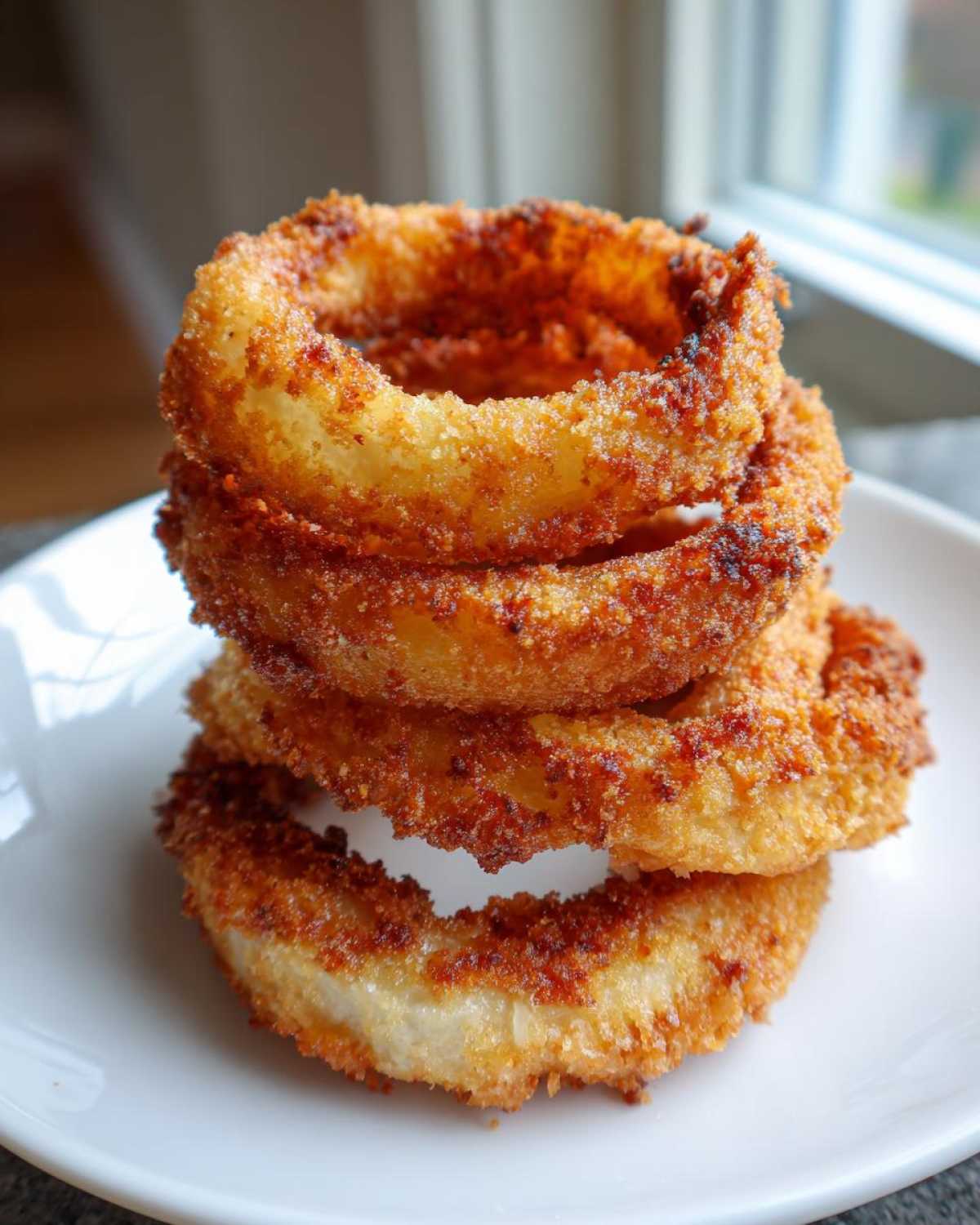 A stack of four golden brown, crispy Air Fryer Onion Rings served on a white plate.