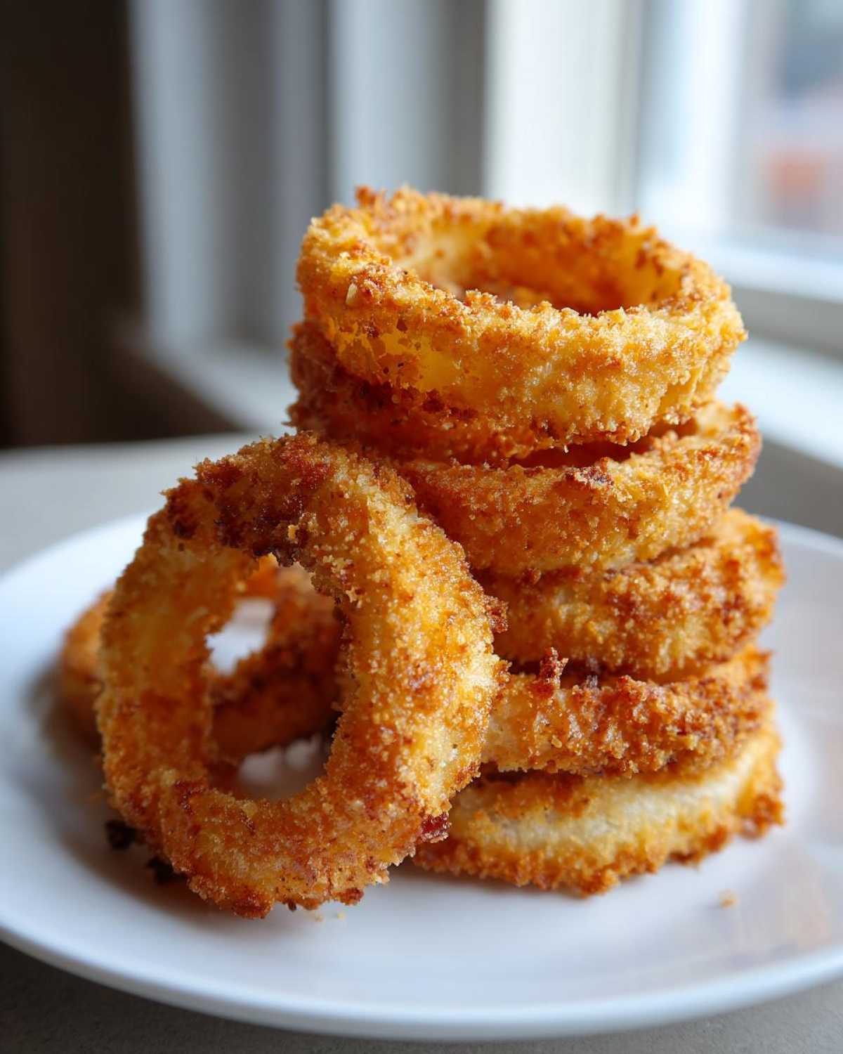 A stack of golden brown, crispy Air Fryer Onion Rings piled high on a white plate.