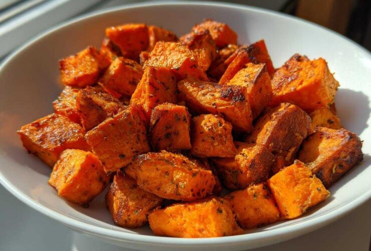 A white bowl filled with perfectly seasoned and browned Air Fryer Sweet Potato Cubes, catching bright sunlight.