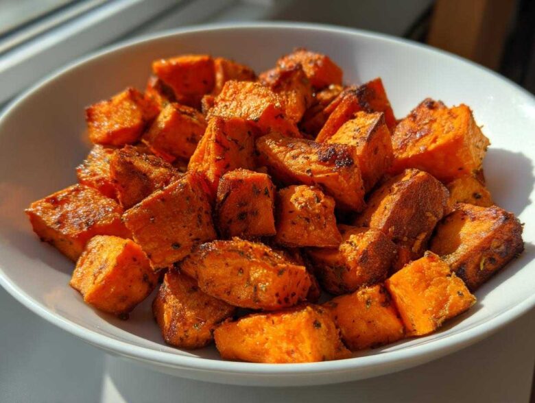 A white bowl filled with perfectly seasoned and browned Air Fryer Sweet Potato Cubes, catching bright sunlight.