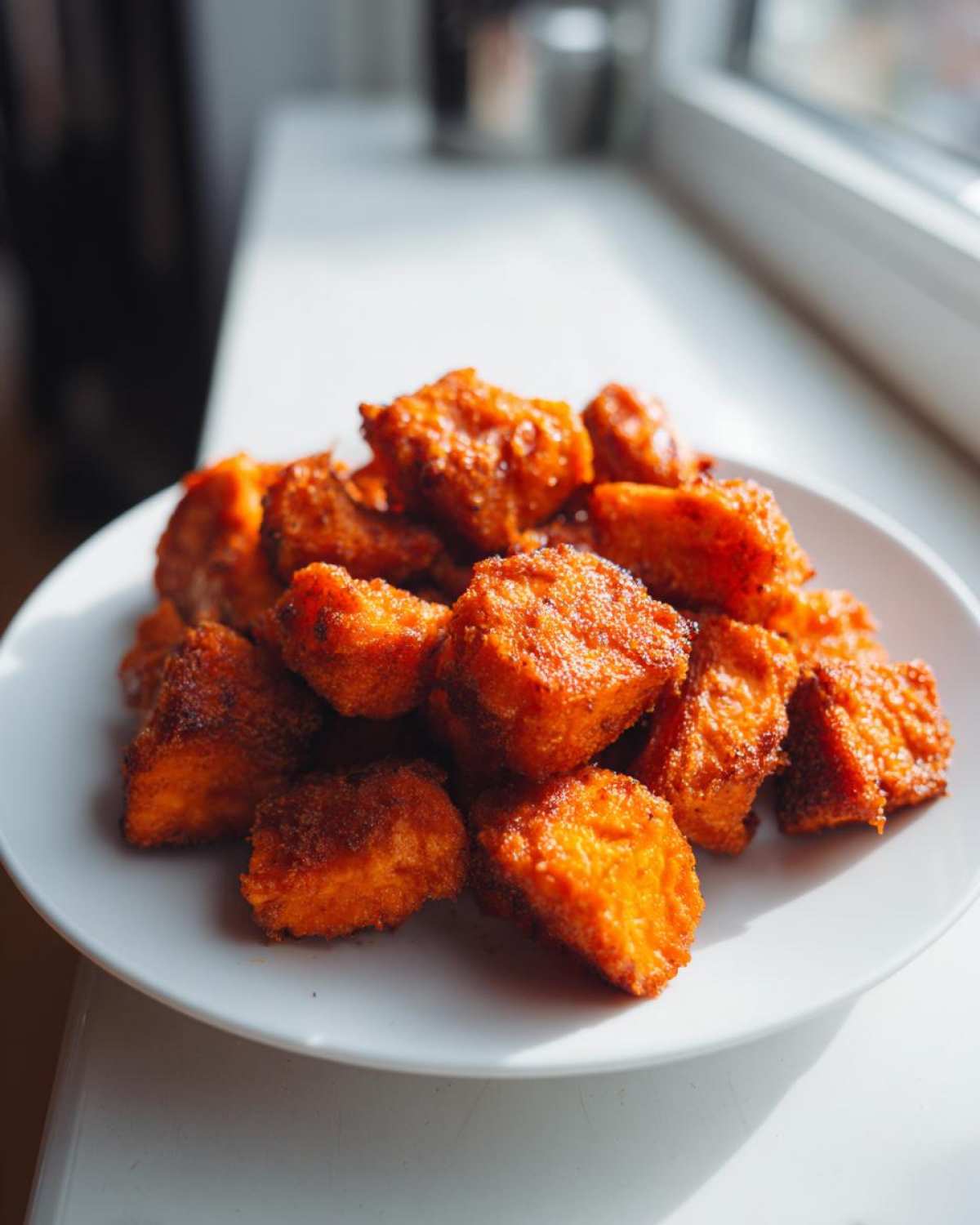 A pile of golden brown, crispy Air Fryer Sweet Potato Cubes served on a white plate near a window.