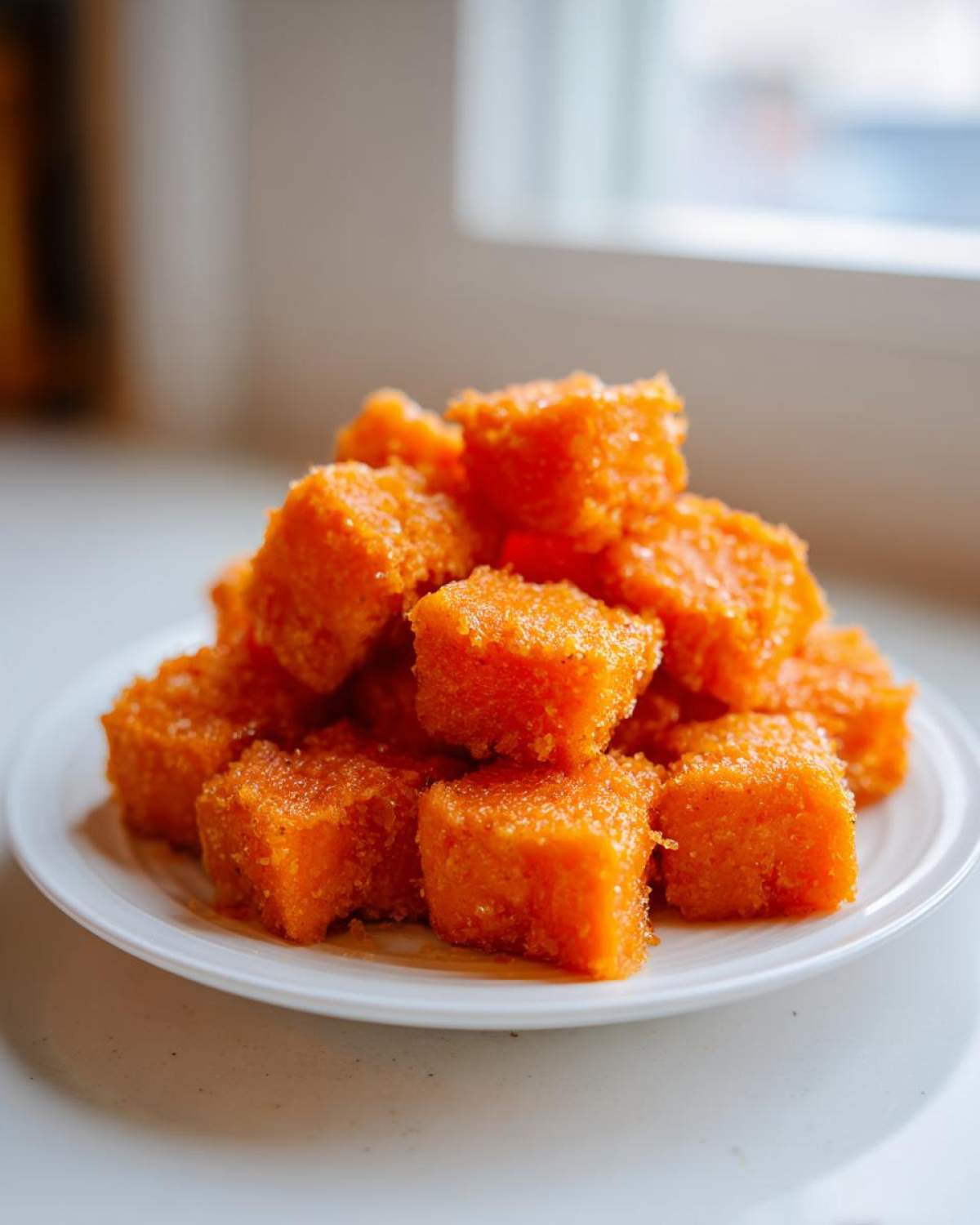 A pile of bright orange Air Fryer Sweet Potato Cubes stacked on a white plate near a window.