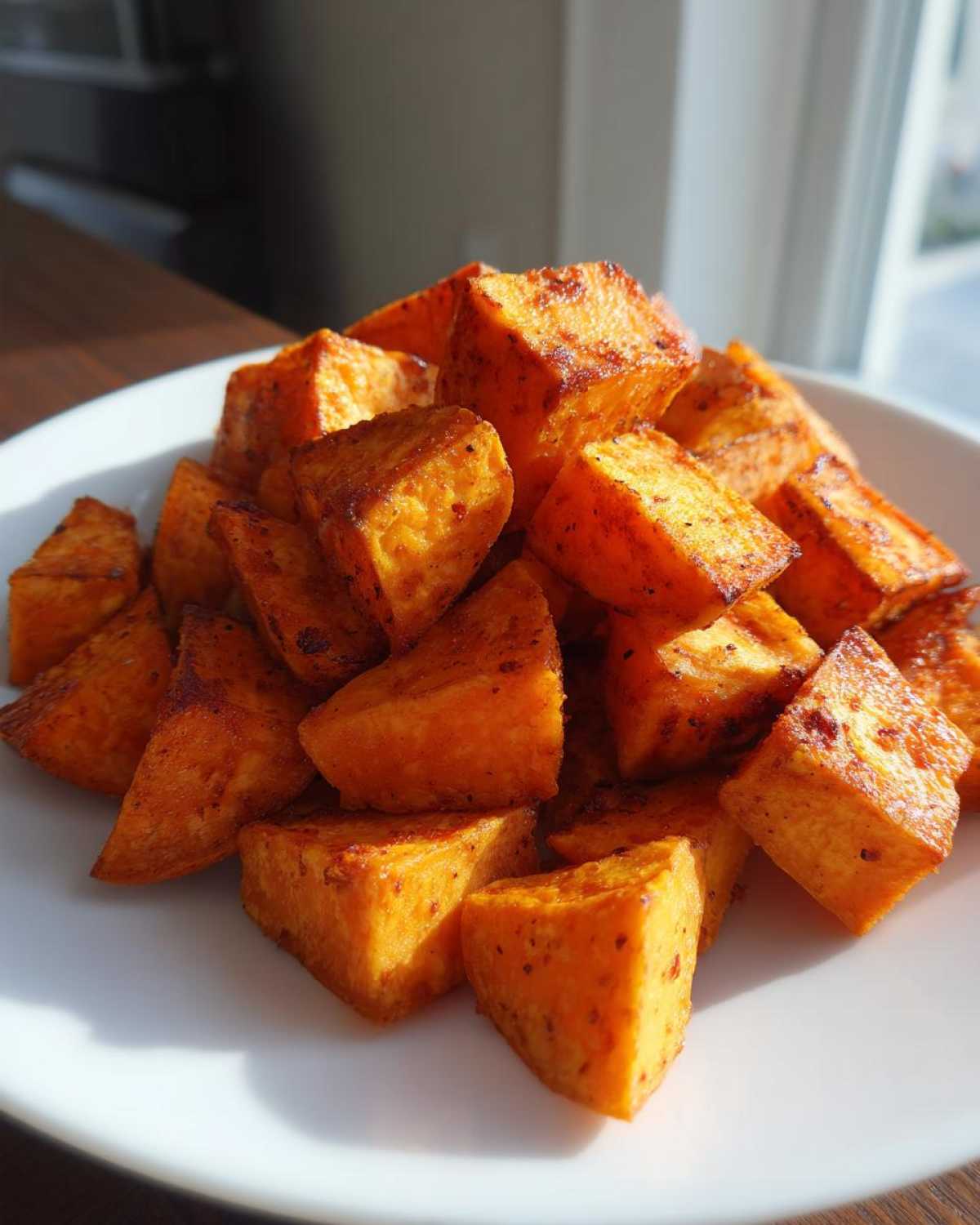 A pile of perfectly cooked, seasoned Air Fryer Sweet Potato Cubes served on a white plate.