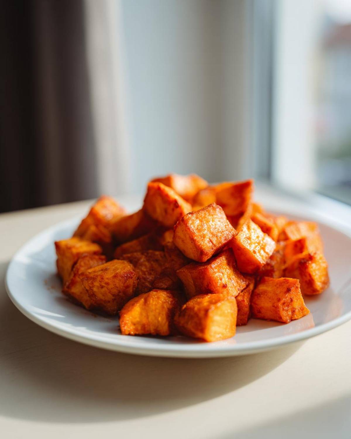 A pile of golden brown, perfectly cooked Air Fryer Sweet Potato Cubes served on a white plate near a window.