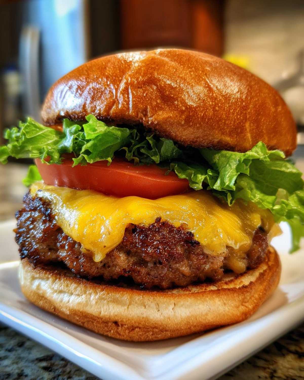 Close-up of a juicy Air Fryer Turkey Burger topped with melted cheddar cheese, lettuce, and tomato on a brioche bun.