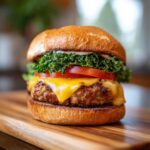 Close-up of a delicious Air Fryer Turkey Burgers stacked with melted cheese, tomato, and kale on a toasted bun.
