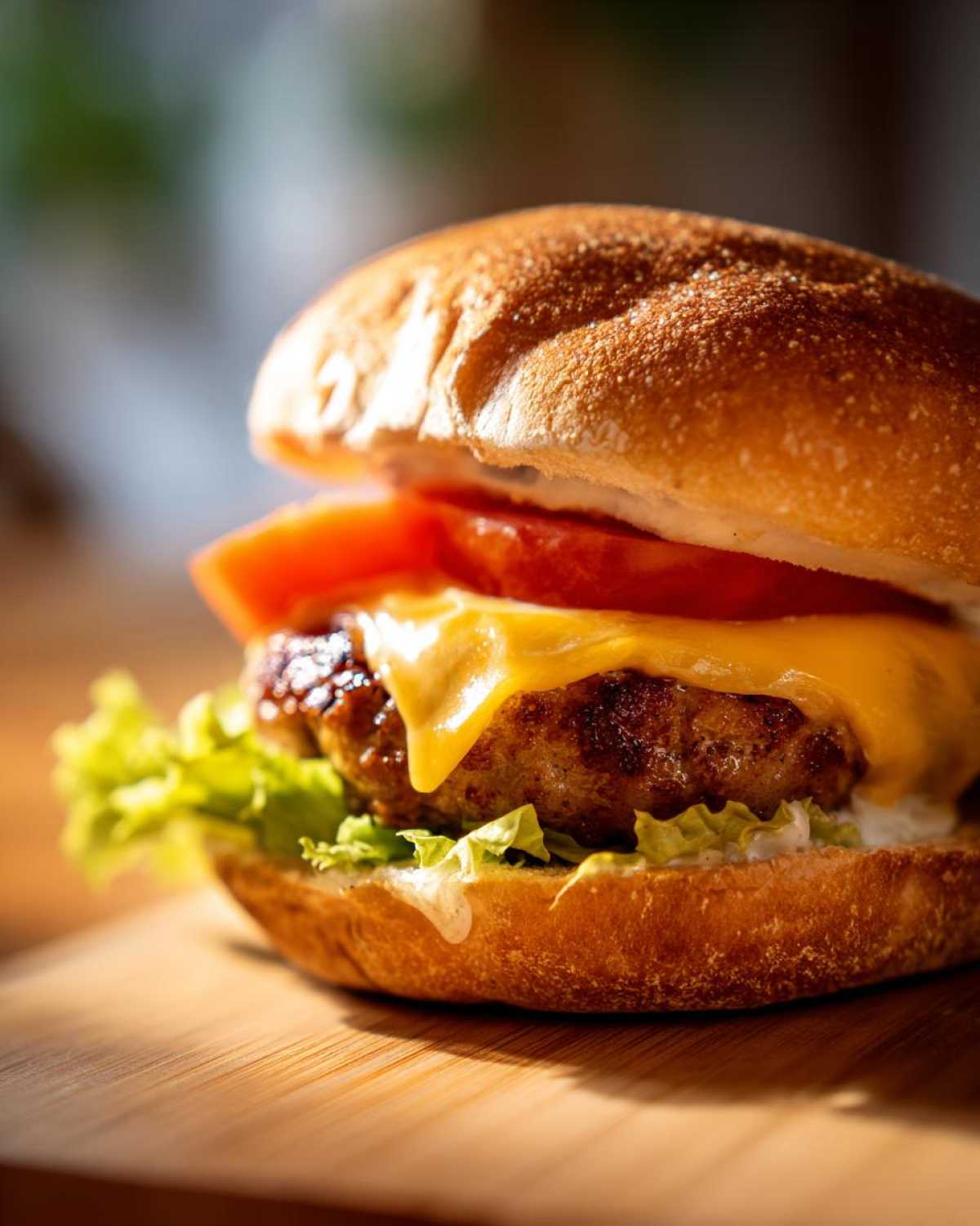 Close-up of a juicy Air Fryer Turkey Burgers patty topped with melted cheese, tomato, and lettuce on a toasted bun.