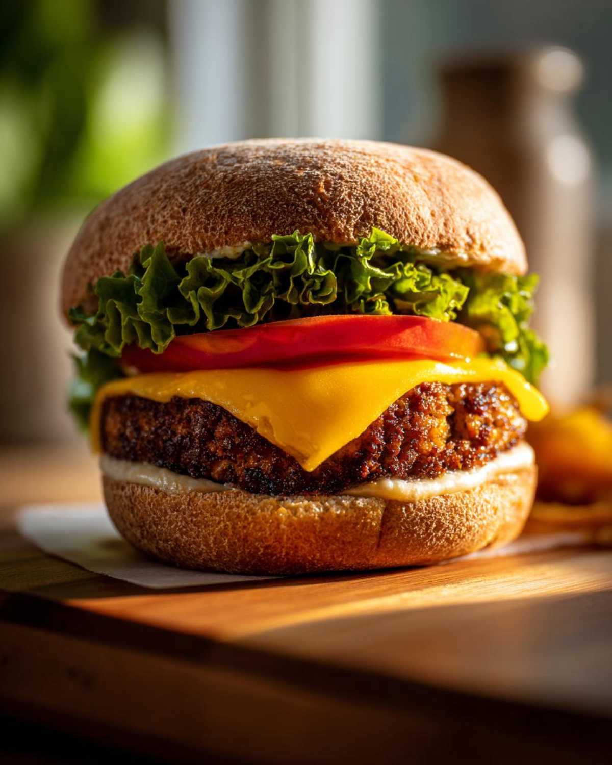Close-up of a fully assembled Air Fryer Turkey Burgers with melted cheese, lettuce, and tomato on a whole wheat bun.