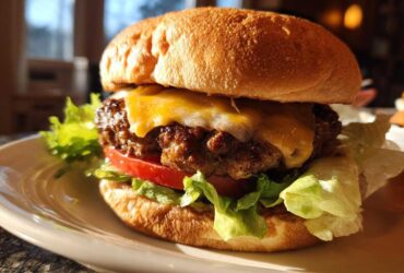 Close-up of a delicious Air Fryer Turkey Burgers stacked with lettuce, tomato, and melted cheese on a toasted bun.