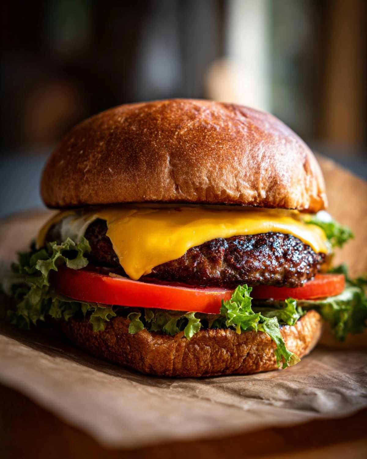 A close-up of a juicy Air Fryer Turkey Burgers topped with melted cheese, lettuce, and tomato on a toasted bun.