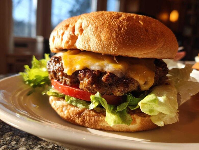 Close-up of a delicious Air Fryer Turkey Burgers stacked with lettuce, tomato, and melted cheese on a toasted bun.